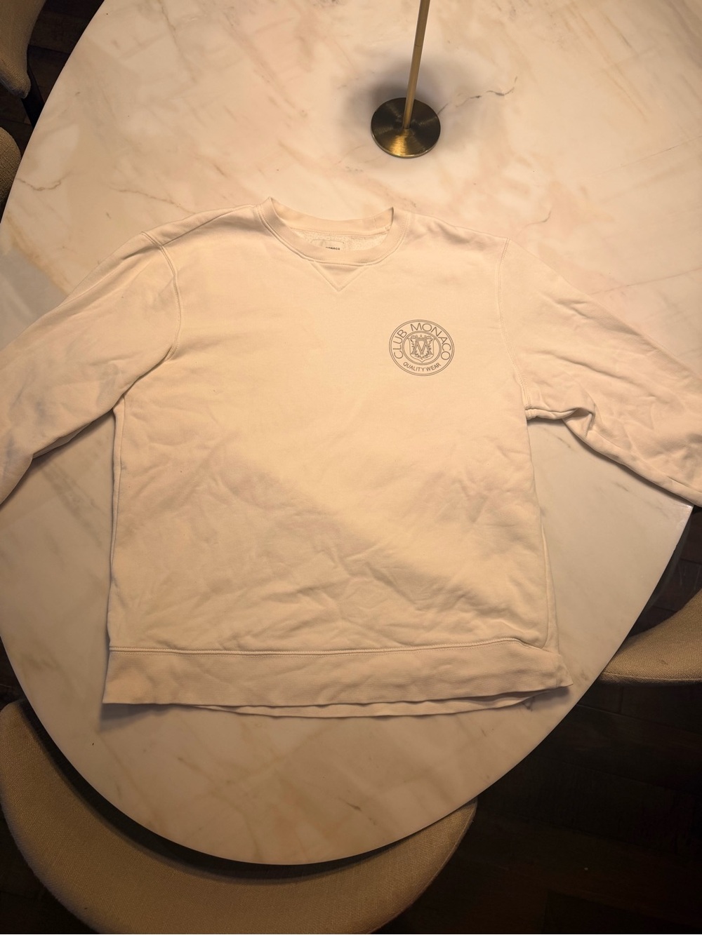 Club Monaco Cream Crewneck with Subtle Chest Emblem